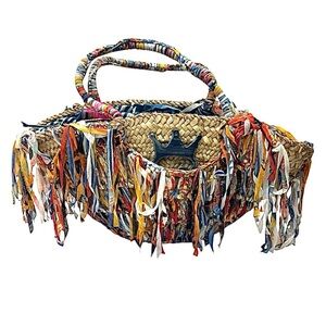 Save The Queen Woven Straw Beach Tote Bag Italy Multicolor Decor 11x21